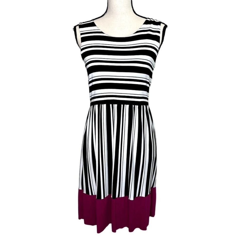 NWOT Kenar Sleeveless Black & White Striped Dress with Pink Hem Size Medium